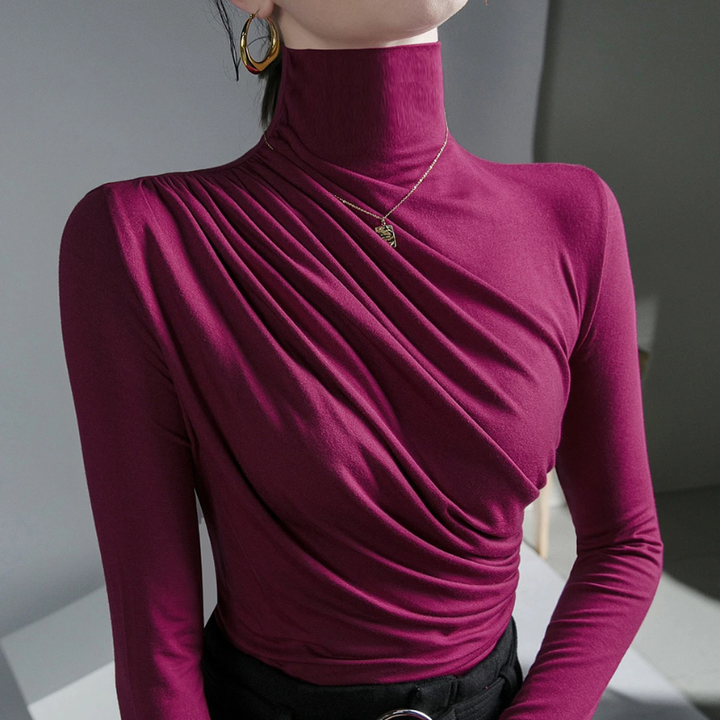 Draped Silky Turtleneck Top