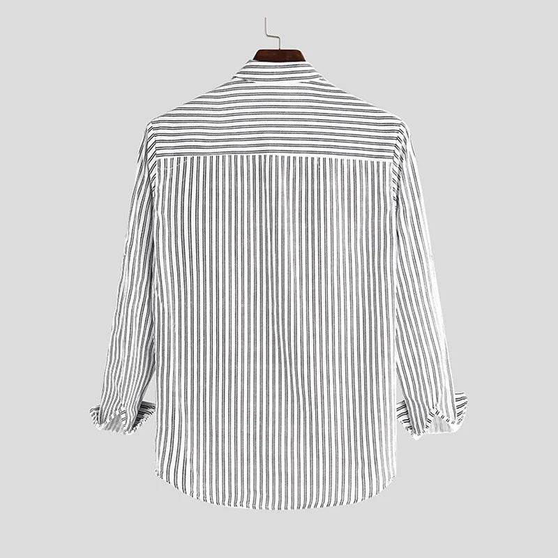 Pinstripe Cotton Mandarin Collar Shirt