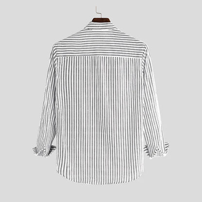 Pinstripe Cotton Mandarin Collar Shirt