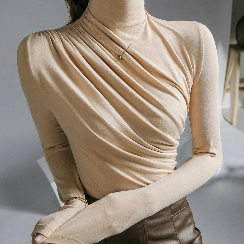 Draped Silky Turtleneck Top