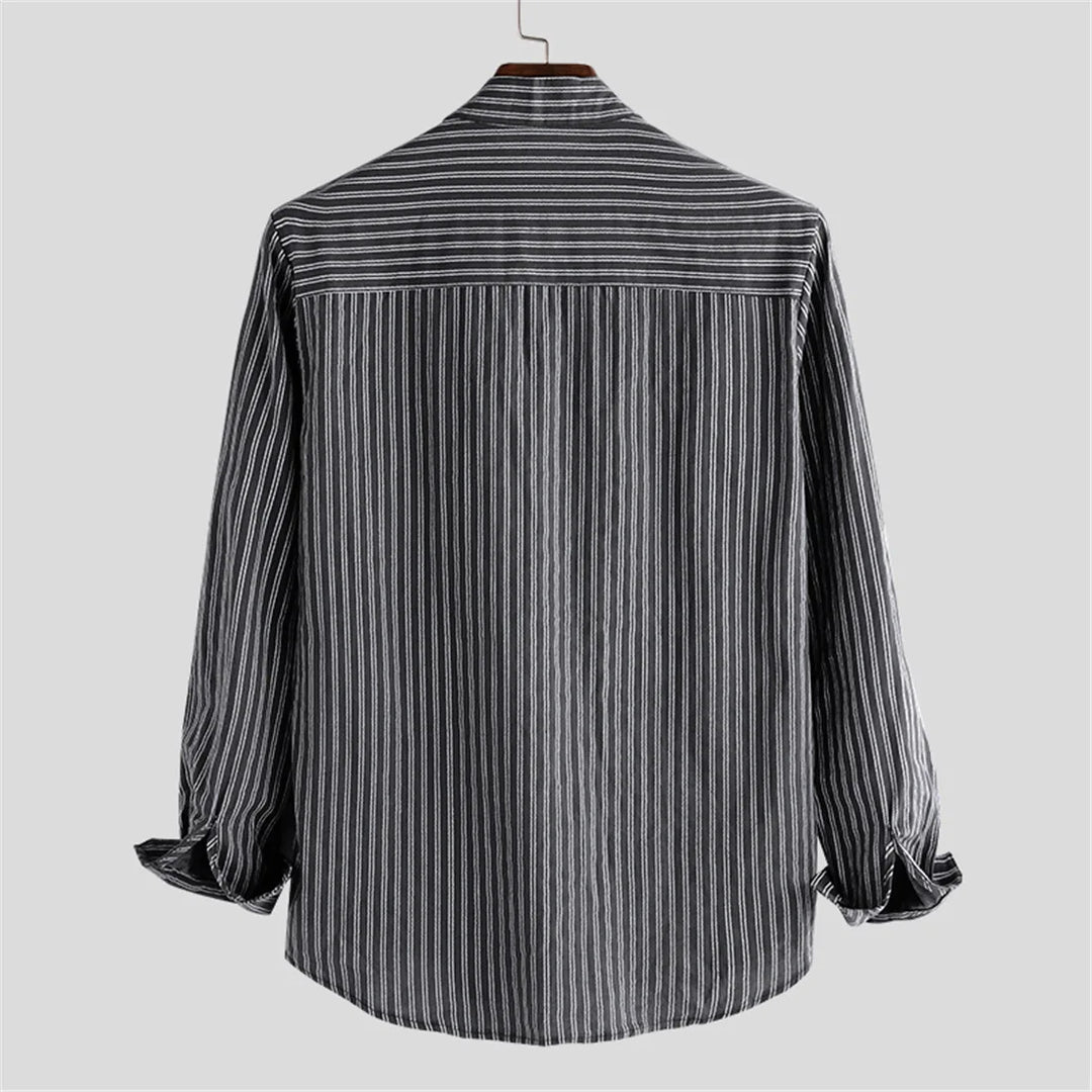 Pinstripe Cotton Mandarin Collar Shirt