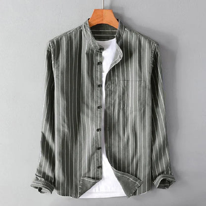 Pinstripe Cotton Mandarin Collar Shirt