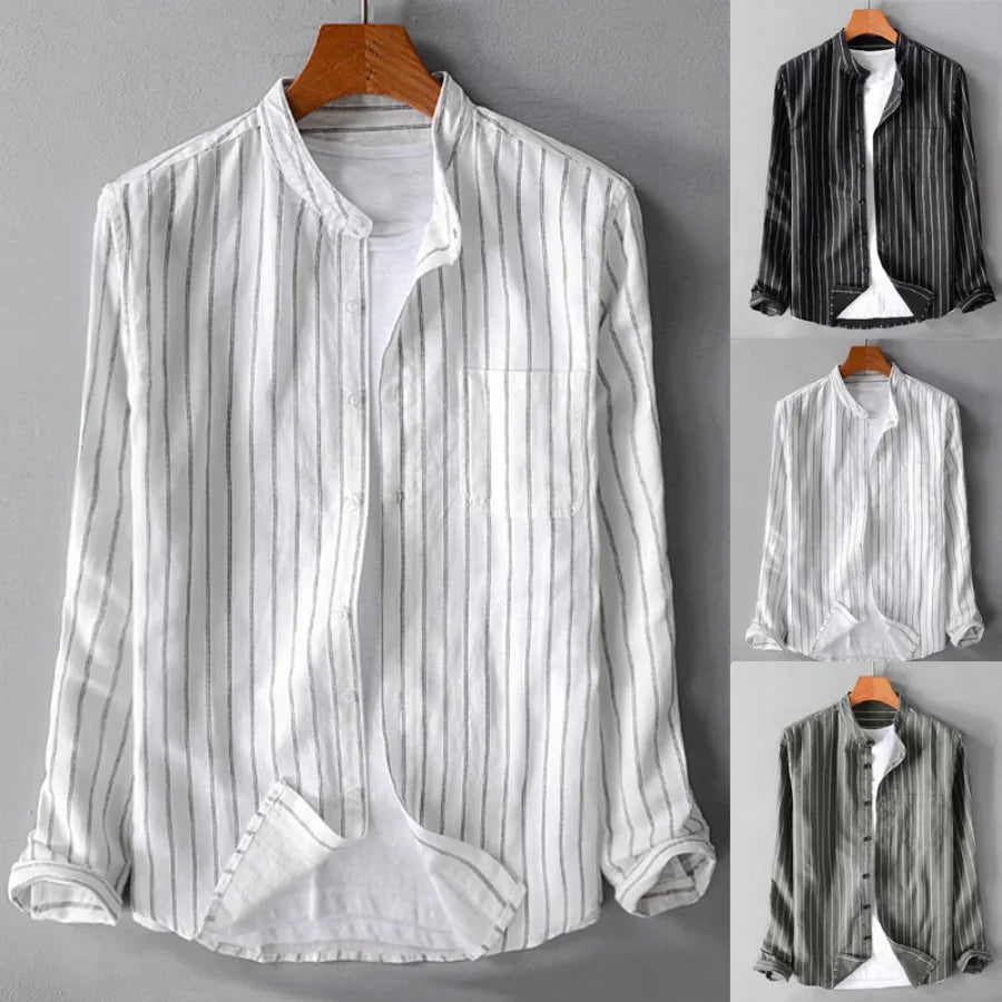 Pinstripe Cotton Mandarin Collar Shirt