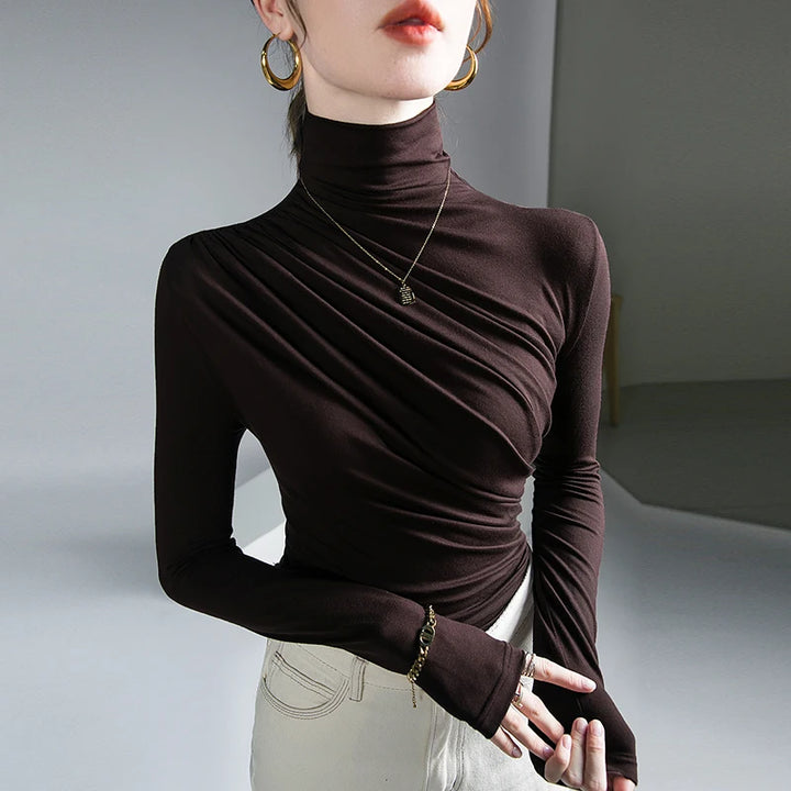 Draped Silky Turtleneck Top