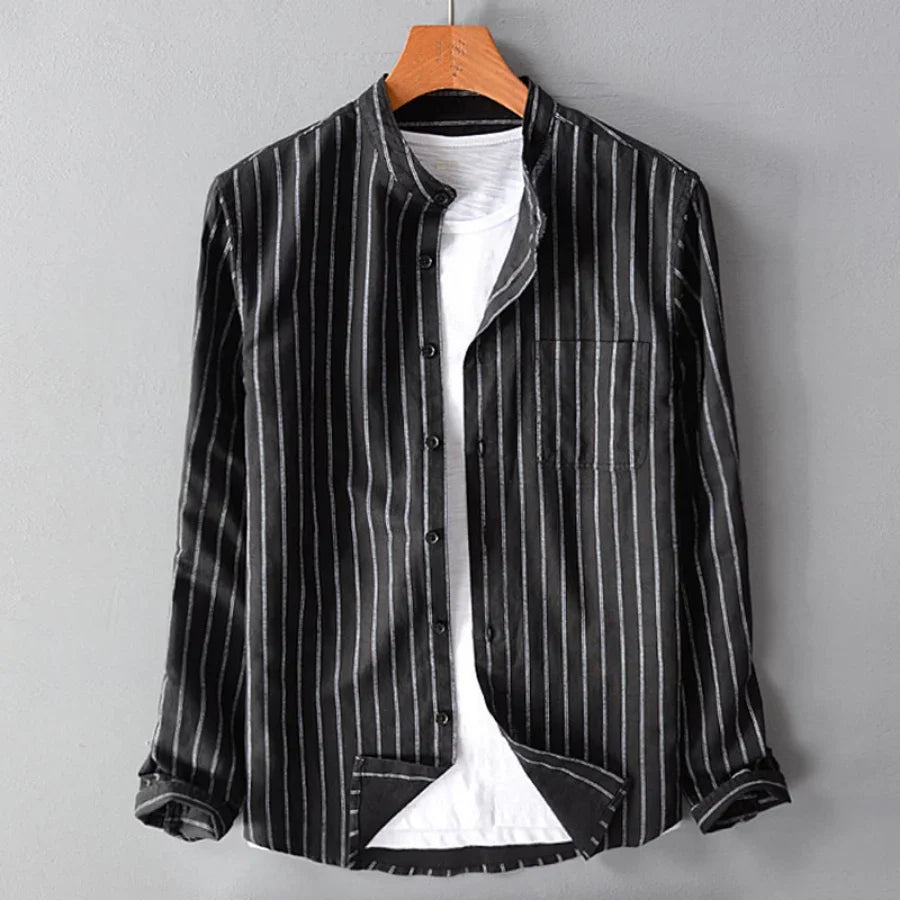 Pinstripe Cotton Mandarin Collar Shirt